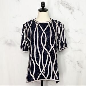 Vintage Sweelo Sequin & Beaded Blouse Navy Blue White 80s Party Vegas Size M